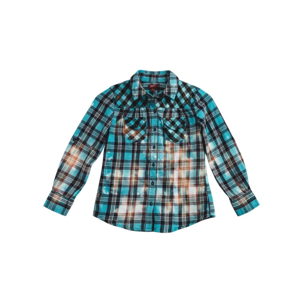 Upcycled Arizona Flannel Shirt Girls Large 10/12 Teal Plaid Bleached Distressed